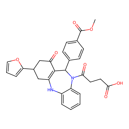 4-{3-(2-furyl)-11-[4-(methoxycarbonyl)phenyl]-1-oxo-1,2,3,4,5,11-hexahydro-10H-dibenzo[b,e][1,4]diazepin-10-yl}-4-oxobutanoic acid structure