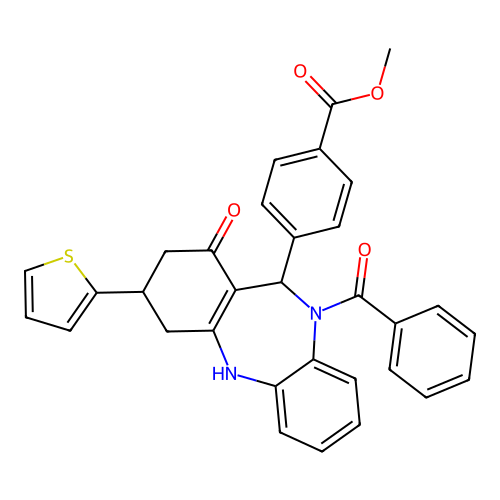 methyl 4-[1-hydroxy-10-(phenylcarbonyl)-3-(thiophen-2-yl)-3,4,10,11-tetrahydro-2H-dibenzo[b,e][1,4]diazepin-11-yl]benzoate structure