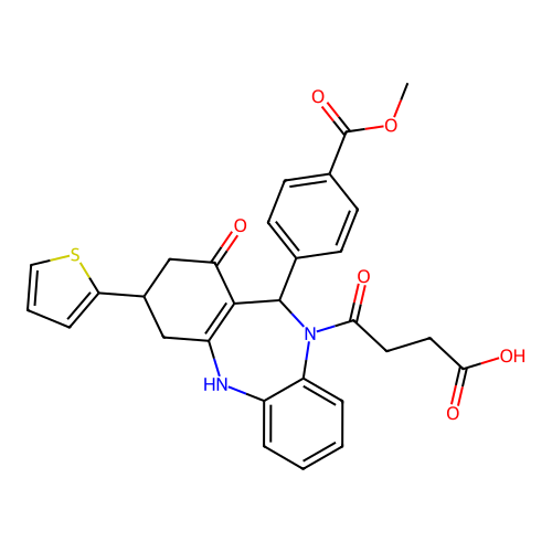 4-{1-hydroxy-11-[4-(methoxycarbonyl)phenyl]-3-(thiophen-2-yl)-2,3,4,11-tetrahydro-10H-dibenzo[b,e][1,4]diazepin-10-yl}-4-oxobutanoic acid structure