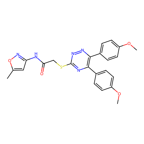 2-[[5,6-bis(4-methoxyphenyl)-1,2,4-triazin-3-yl]sulfanyl]-N-(5-methyl-1,2-oxazol-3-yl)acetamide structure