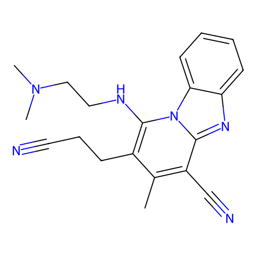 2-(2-cyanoethyl)-1-((2-(dimethylamino)ethyl)amino)-3-methylbenzo[4,5]imidazo[1,2-a]pyridine-4-carbonitrile structure