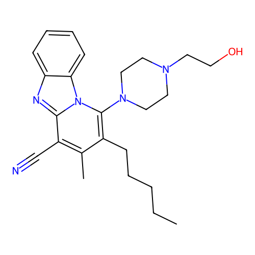 1-[4-(2-hydroxyethyl)piperazin-1-yl]-3-methyl-2-pentylpyrido[1,2-a]benzimidazole-4-carbonitrile structure