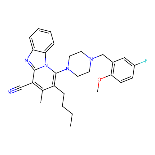 2-butyl-1-[4-(5-fluoro-2-methoxybenzyl)piperazin-1-yl]-3-methylpyrido[1,2-a]benzimidazole-4-carbonitrile structure