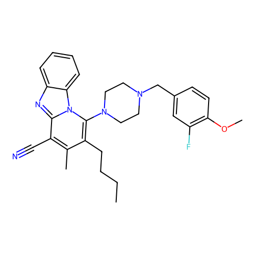 2-butyl-1-[4-(3-fluoro-4-methoxybenzyl)piperazin-1-yl]-3-methylpyrido[1,2-a]benzimidazole-4-carbonitrile structure