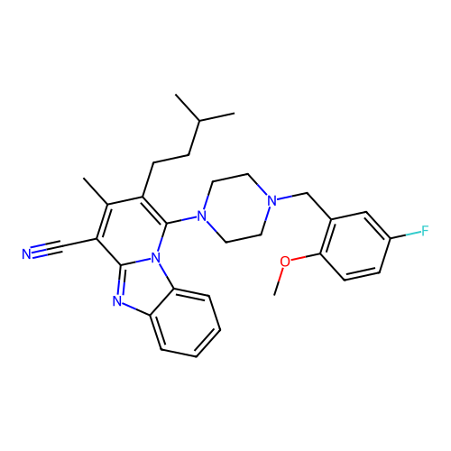 1-[4-(5-fluoro-2-methoxybenzyl)piperazin-1-yl]-3-methyl-2-(3-methylbutyl)pyrido[1,2-a]benzimidazole-4-carbonitrile structure
