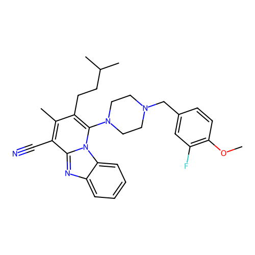 1-(4-(3-fluoro-4-methoxybenzyl)piperazin-1-yl)-2-isopentyl-3-methylbenzo[4,5]imidazo[1,2-a]pyridine-4-carbonitrile structure