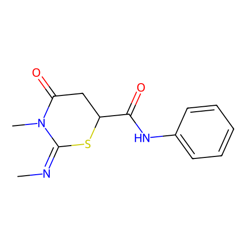 (2Z)-3-methyl-2-(methylimino)-4-oxo-N-phenyl-1,3-thiazinane-6-carboxamide structure