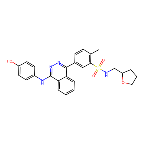 5-{4-[(4-hydroxyphenyl)amino]phthalazin-1-yl}-2-methyl-N-(tetrahydrofuran-2-ylmethyl)benzenesulfonamide structure