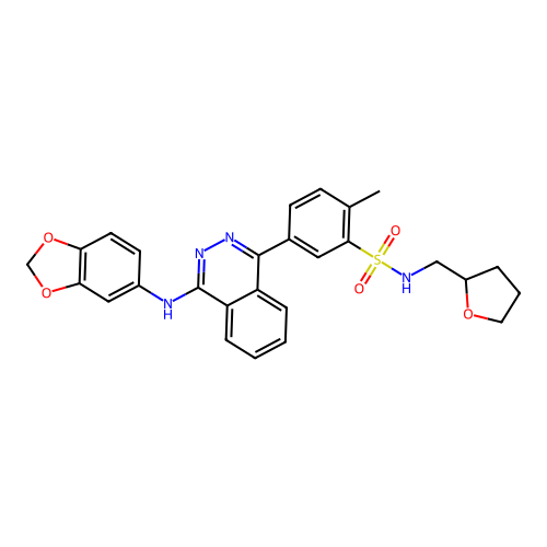 5-[4-(1,3-benzodioxol-5-ylamino)phthalazin-1-yl]-2-methyl-N-(tetrahydrofuran-2-ylmethyl)benzenesulfonamide structure
