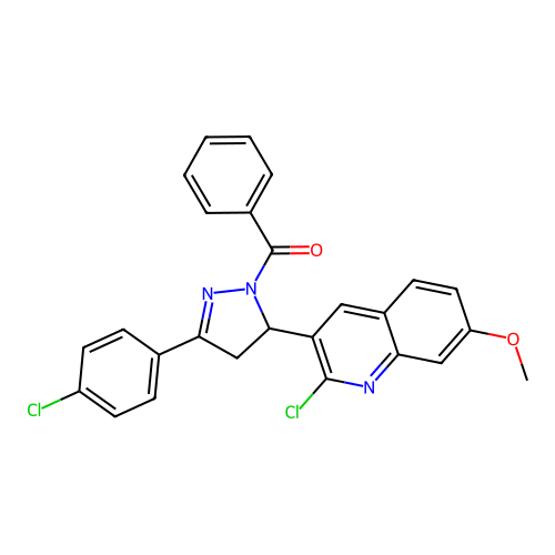 3-[1-benzoyl-3-(4-chlorophenyl)-4,5-dihydro-1H-pyrazol-5-yl]-2-chloro-7-methoxyquinoline structure