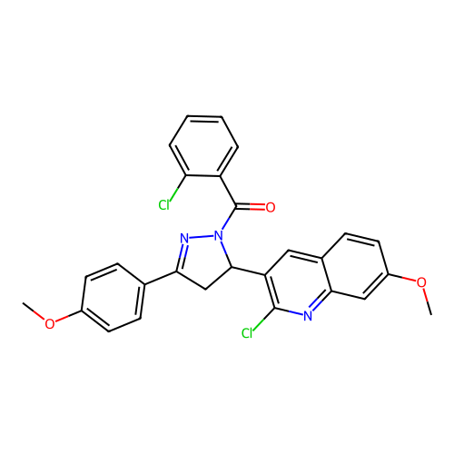 [5-(2-chloro-7-methoxyquinolin-3-yl)-3-(4-methoxyphenyl)-4,5-dihydro-1H-pyrazol-1-yl](2-chlorophenyl)methanone structure