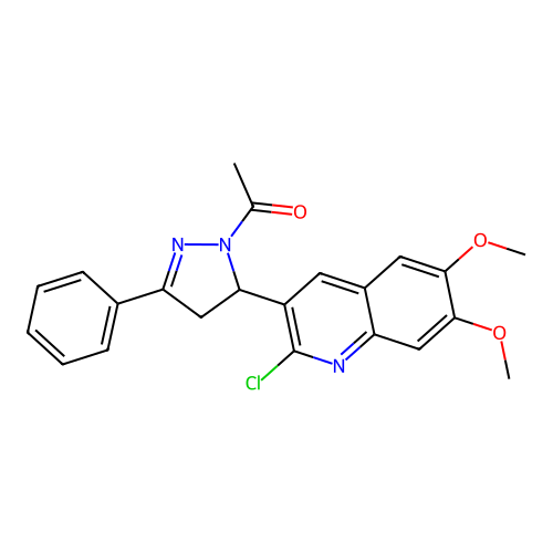 1-(5-(2-chloro-6,7-dimethoxyquinolin-3-yl)-3-phenyl-4,5-dihydro-1H-pyrazol-1-yl)ethanone structure