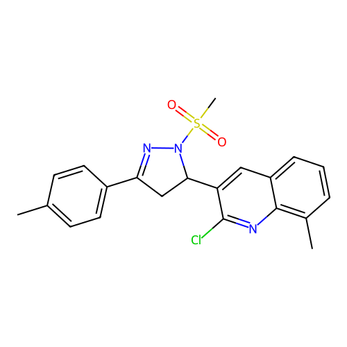 2-chloro-8-methyl-3-(1-(methylsulfonyl)-3-(p-tolyl)-4,5-dihydro-1H-pyrazol-5-yl)quinoline structure