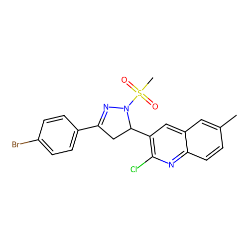 3-[3-(4-bromophenyl)-1-(methylsulfonyl)-4,5-dihydro-1H-pyrazol-5-yl]-2-chloro-6-methylquinoline structure