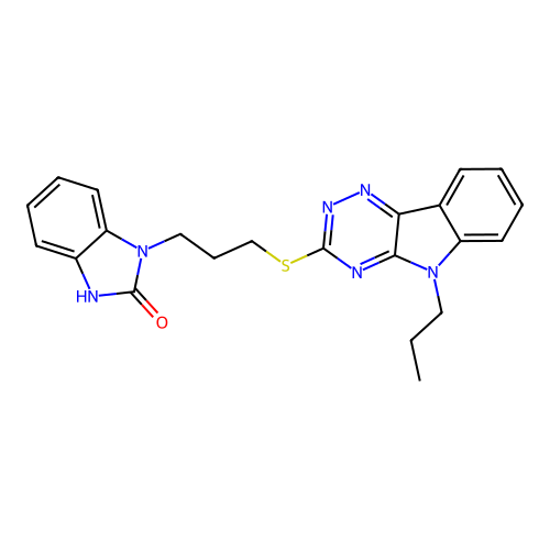 1-{3-[(5-propyl-5H-[1,2,4]triazino[5,6-b]indol-3-yl)sulfanyl]propyl}-1,3-dihydro-2H-benzimidazol-2-one structure