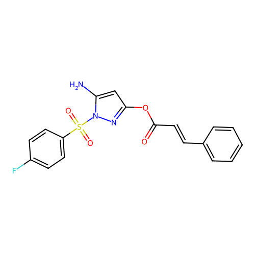 [5-amino-1-(4-fluorophenyl)sulfonylpyrazol-3-yl] (E)-3-phenylprop-2-enoate structure