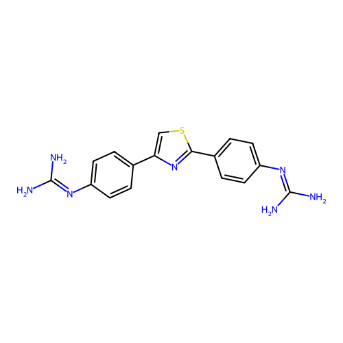 2-[4-[2-[4-(Diaminomethylideneamino)phenyl]-1,3-thiazol-4-yl]phenyl]guanidine structure