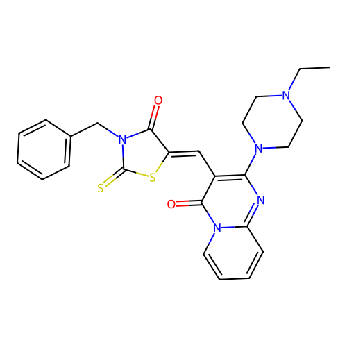 3-[(Z)-(3-benzyl-4-oxo-2-thioxo-1,3-thiazolidin-5-ylidene)methyl]-2-(4-ethylpiperazin-1-yl)-4H-pyrido[1,2-a]pyrimidin-4-one structure