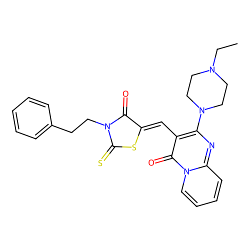 2-(4-ethylpiperazin-1-yl)-3-{(Z)-[4-oxo-3-(2-phenylethyl)-2-thioxo-1,3-thiazolidin-5-ylidene]methyl}-4H-pyrido[1,2-a]pyrimidin-4-one structure