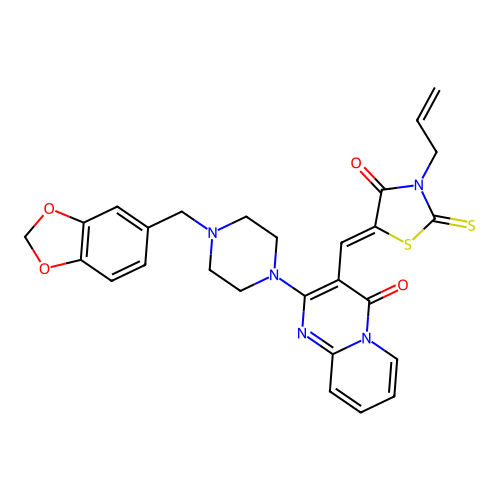 3-[(Z)-(3-allyl-4-oxo-2-thioxo-1,3-thiazolidin-5-ylidene)methyl]-2-[4-(1,3-benzodioxol-5-ylmethyl)piperazin-1-yl]-4H-pyrido[1,2-a]pyrimidin-4-one structure