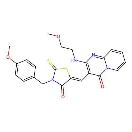 3-{(Z)-[3-(4-methoxybenzyl)-4-oxo-2-thioxo-1,3-thiazolidin-5-ylidene]methyl}-2-[(2-methoxyethyl)amino]-4H-pyrido[1,2-a]pyrimidin-4-one structure