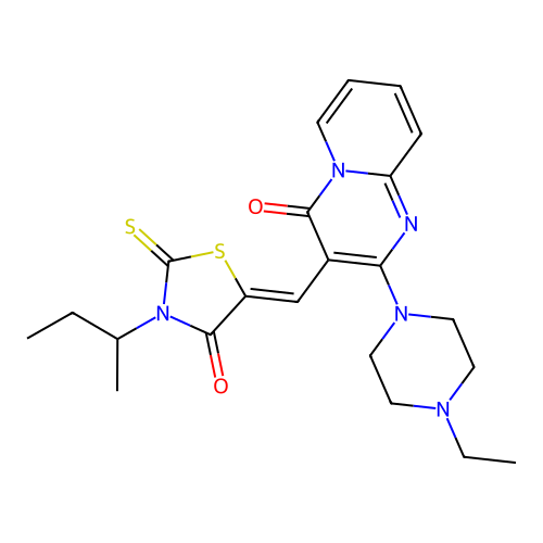 3-[(Z)-(3-sec-butyl-4-oxo-2-thioxo-1,3-thiazolidin-5-ylidene)methyl]-2-(4-ethylpiperazin-1-yl)-4H-pyrido[1,2-a]pyrimidin-4-one structure