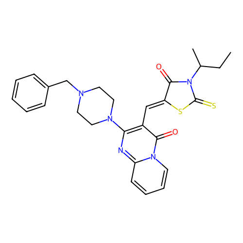 2-(4-benzylpiperazin-1-yl)-3-[(Z)-(3-sec-butyl-4-oxo-2-thioxo-1,3-thiazolidin-5-ylidene)methyl]-4H-pyrido[1,2-a]pyrimidin-4-one structure