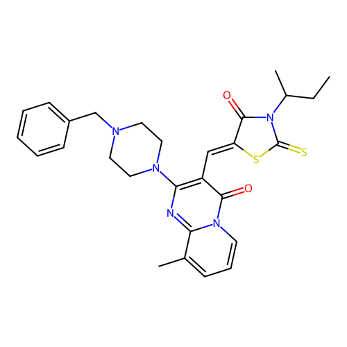 2-(4-benzylpiperazin-1-yl)-3-{(Z)-[3-(butan-2-yl)-4-oxo-2-thioxo-1,3-thiazolidin-5-ylidene]methyl}-9-methyl-4H-pyrido[1,2-a]pyrimidin-4-one structure