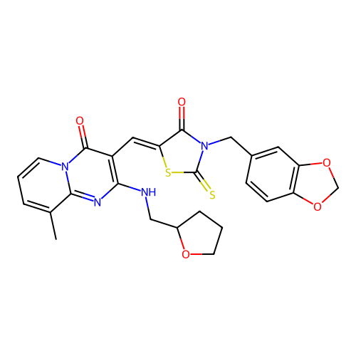 3-{(Z)-[3-(1,3-benzodioxol-5-ylmethyl)-4-oxo-2-thioxo-1,3-thiazolidin-5-ylidene]methyl}-9-methyl-2-[(tetrahydrofuran-2-ylmethyl)amino]-4H-pyrido[1,2-a]pyrimidin-4-one structure