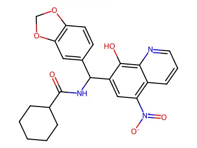 N-[(2H-1,3-Benzodioxol-5-yl)(8-hydroxy-5-nitroquinolin-7-yl)methyl]cyclohexanecarboxamide structure