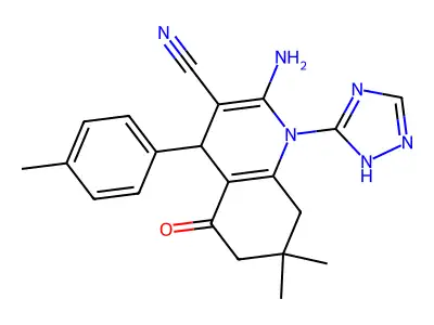 2-amino-7,7-dimethyl-4-(4-methylphenyl)-5-oxo-1-(1H-1,2,4-triazol-3-yl)-1,4,5,6,7,8-hexahydro-3-quinolinecarbonitrile structure