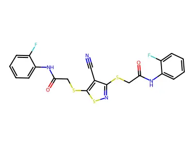 2-[(4-cyano-3-{[2-(2-fluoroanilino)-2-oxoethyl]sulfanyl}-5-isothiazolyl)sulfanyl]-N-(2-fluorophenyl)acetamide structure