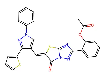 2-[(5Z)-6-oxo-5-{[1-phenyl-3-(thiophen-2-yl)-1H-pyrazol-4-yl]methylidene}-5,6-dihydro[1,3]thiazolo[3,2-b][1,2,4]triazol-2-yl]phenyl acetate structure
