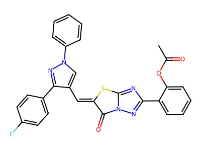 2-[(5Z)-5-{[3-(4-fluorophenyl)-1-phenyl-1H-pyrazol-4-yl]methylidene}-6-oxo-5,6-dihydro[1,3]thiazolo[3,2-b][1,2,4]triazol-2-yl]phenyl acetate structure