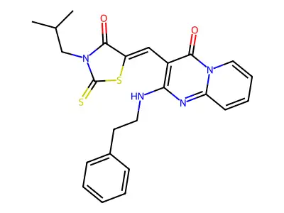 3-[(Z)-(3-isobutyl-4-oxo-2-thioxo-1,3-thiazolidin-5-ylidene)methyl]-2-[(2-phenylethyl)amino]-4H-pyrido[1,2-a]pyrimidin-4-one structure