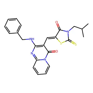 2-(benzylamino)-3-[(Z)-(3-isobutyl-4-oxo-2-thioxo-1,3-thiazolidin-5-ylidene)methyl]-4H-pyrido[1,2-a]pyrimidin-4-one structure