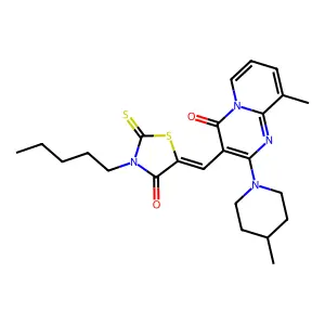 9-methyl-2-(4-methylpiperidin-1-yl)-3-[(Z)-(4-oxo-3-pentyl-2-thioxo-1,3-thiazolidin-5-ylidene)methyl]-4H-pyrido[1,2-a]pyrimidin-4-one structure