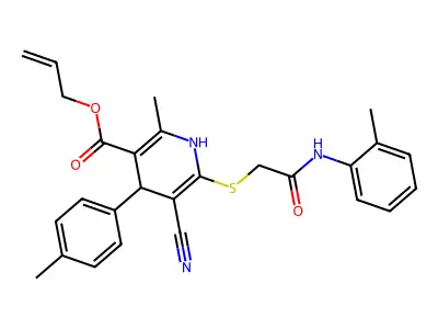 allyl 5-cyano-2-methyl-6-((2-oxo-2-(o-tolylamino)ethyl)thio)-4-(p-tolyl)-1,4-dihydropyridine-3-carboxylate structure