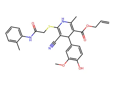 allyl 5-cyano-4-(4-hydroxy-3-methoxyphenyl)-2-methyl-6-((2-oxo-2-(o-tolylamino)ethyl)thio)-1,4-dihydropyridine-3-carboxylate structure