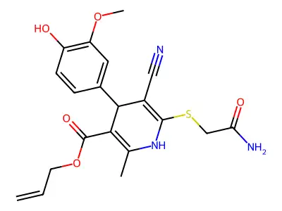 allyl 6-((2-amino-2-oxoethyl)thio)-5-cyano-4-(4-hydroxy-3-methoxyphenyl)-2-methyl-1,4-dihydropyridine-3-carboxylate structure