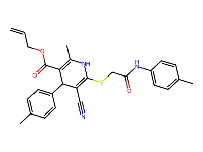 allyl 5-cyano-2-methyl-6-((2-oxo-2-(p-tolylamino)ethyl)thio)-4-(p-tolyl)-1,4-dihydropyridine-3-carboxylate structure
