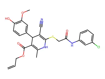 allyl 6-((2-((3-chlorophenyl)amino)-2-oxoethyl)thio)-5-cyano-4-(4-hydroxy-3-methoxyphenyl)-2-methyl-1,4-dihydropyridine-3-carboxylate structure