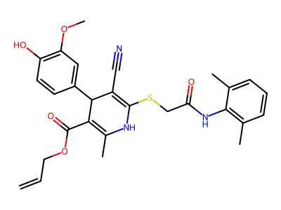 allyl 5-cyano-6-((2-((2,6-dimethylphenyl)amino)-2-oxoethyl)thio)-4-(4-hydroxy-3-methoxyphenyl)-2-methyl-1,4-dihydropyridine-3-carboxylate structure