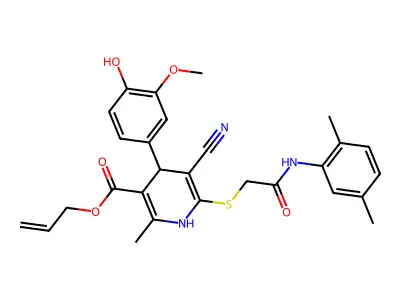 allyl 5-cyano-6-((2-((2,5-dimethylphenyl)amino)-2-oxoethyl)thio)-4-(4-hydroxy-3-methoxyphenyl)-2-methyl-1,4-dihydropyridine-3-carboxylate structure