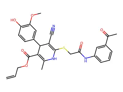 allyl 6-((2-((3-acetylphenyl)amino)-2-oxoethyl)thio)-5-cyano-4-(4-hydroxy-3-methoxyphenyl)-2-methyl-1,4-dihydropyridine-3-carboxylate structure