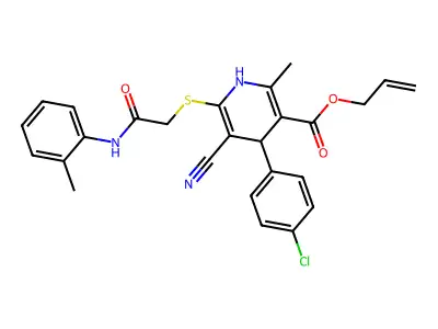 allyl 4-(4-chlorophenyl)-5-cyano-2-methyl-6-((2-oxo-2-(o-tolylamino)ethyl)thio)-1,4-dihydropyridine-3-carboxylate structure
