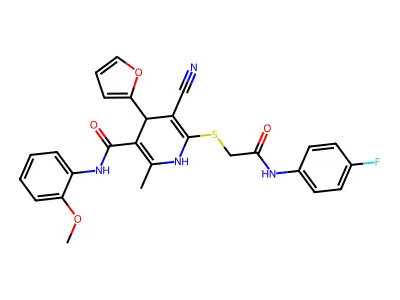 5-cyano-6-((2-((4-fluorophenyl)amino)-2-oxoethyl)thio)-4-(furan-2-yl)-N-(2-methoxyphenyl)-2-methyl-1,4-dihydropyridine-3-carboxamide structure