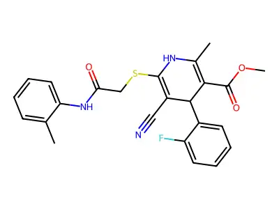 methyl 5-cyano-4-(2-fluorophenyl)-2-methyl-6-((2-oxo-2-(o-tolylamino)ethyl)thio)-1,4-dihydropyridine-3-carboxylate structure