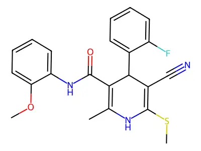 5-cyano-4-(2-fluorophenyl)-N-(2-methoxyphenyl)-2-methyl-6-(methylsulfanyl)-1,4-dihydropyridine-3-carboxamide structure