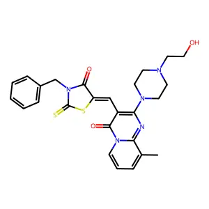 3-[(Z)-(3-benzyl-4-oxo-2-thioxo-1,3-thiazolidin-5-ylidene)methyl]-2-[4-(2-hydroxyethyl)piperazin-1-yl]-9-methyl-4H-pyrido[1,2-a]pyrimidin-4-one structure